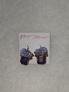 Betsey Johnson Gold-Tone Iridescent Gem Earrings with Lavender Flowers